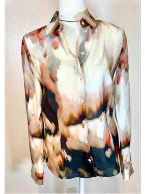 Escada Sport Abstract Print Button Down Shirt Beige Orange 38 European size.